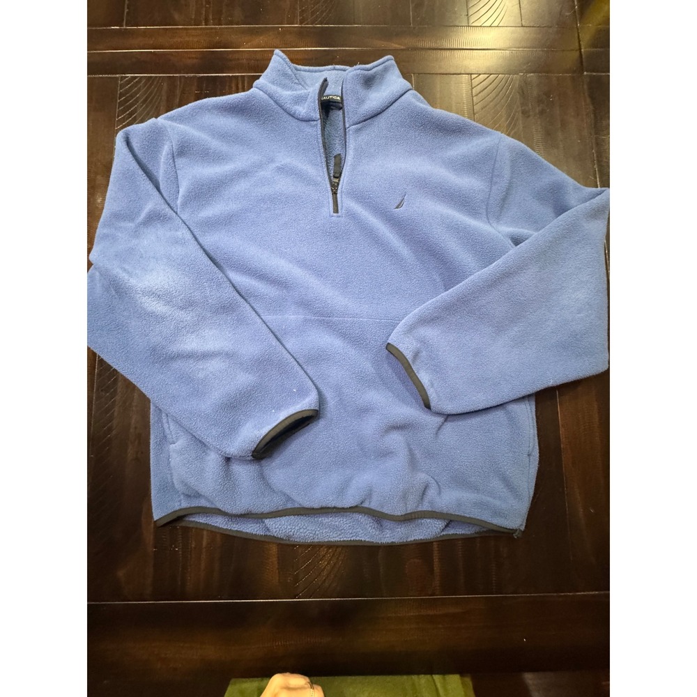 Nautica Mens Blue Quarter Zip Fleece Pullover Jacket Kangaroo Pocket Large